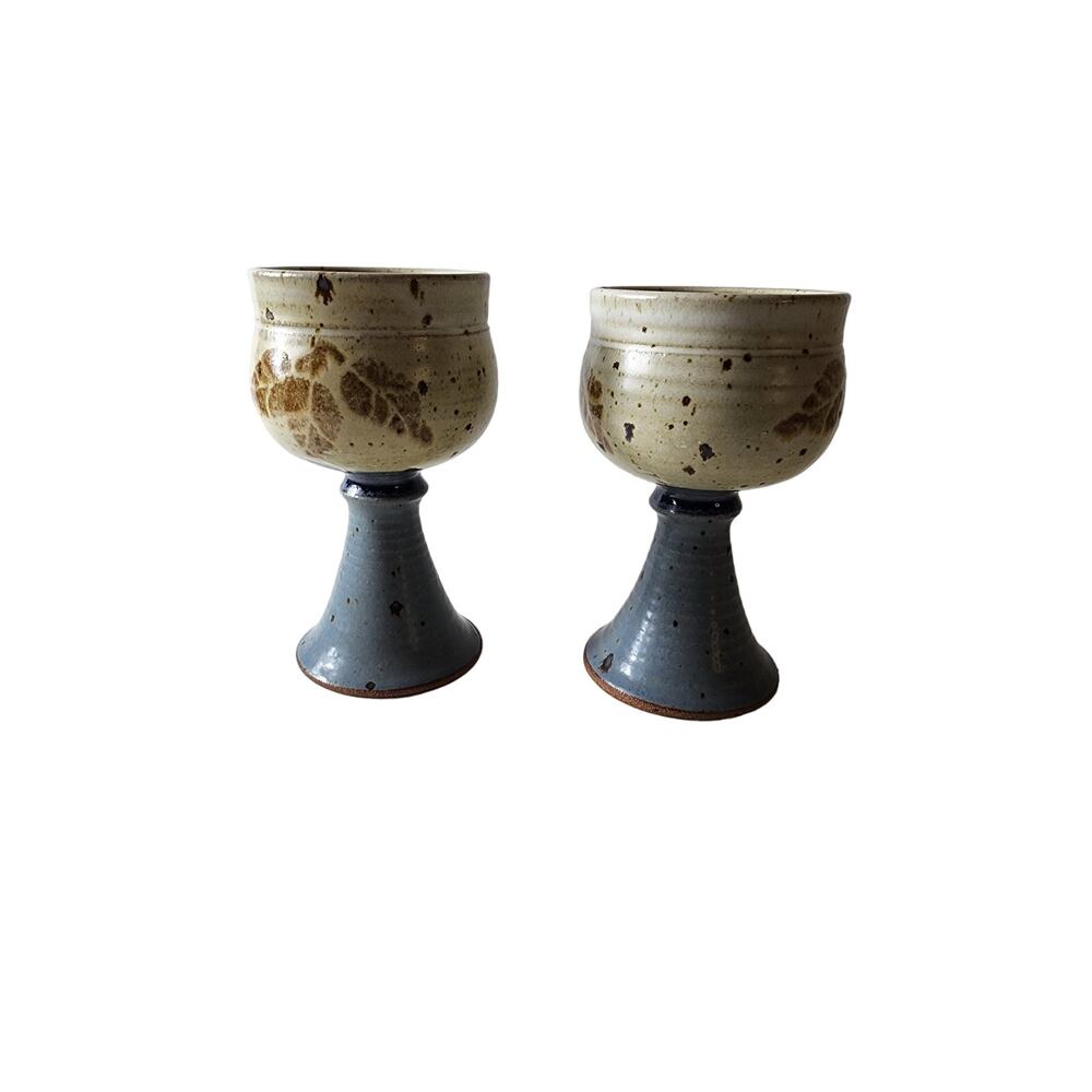 Vintage Ceramic Hand Thrown Blue Brown Goblet - set of 2